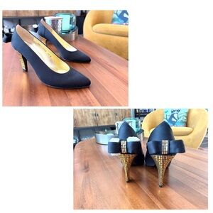 Charles Jourdan Black Satin Pointed Pumps with Gold Mosaic Heels and Bow